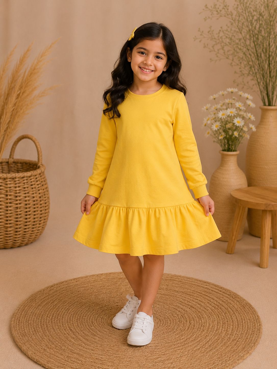 Girls Round Neckline Mustard Yellow Solid Knit cotton frock Dress with Full Sleeves