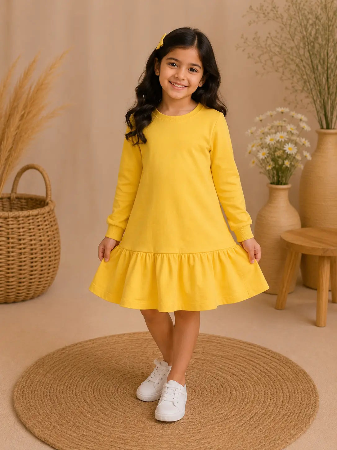Girls Round Neckline Mustard Yellow Solid Knit cotton frock Dress with Full Sleeves
