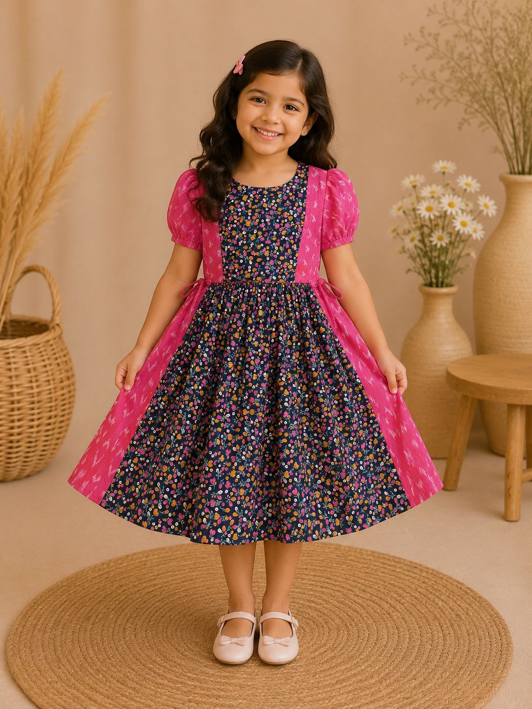 Girls Navy Blue Floral Printed cotton Flared Frock with Pink Panels and short sleeves