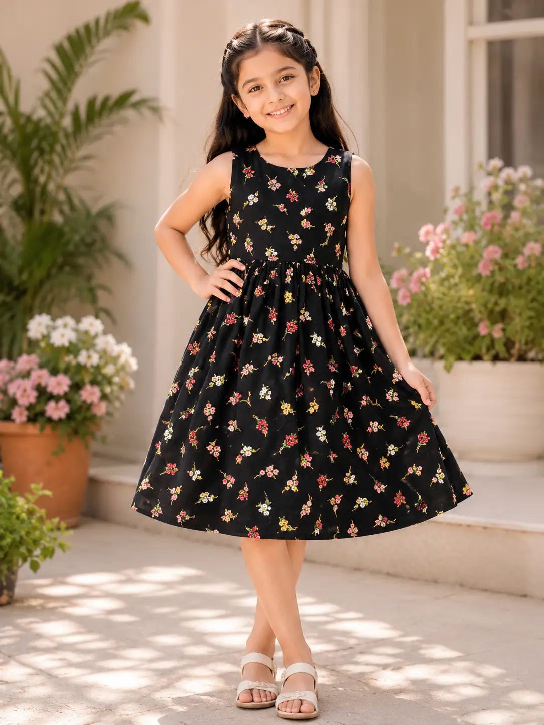 Girls Round neckline Black Floral Print Sleeveless Fit & Flare cotton frock  Dress
