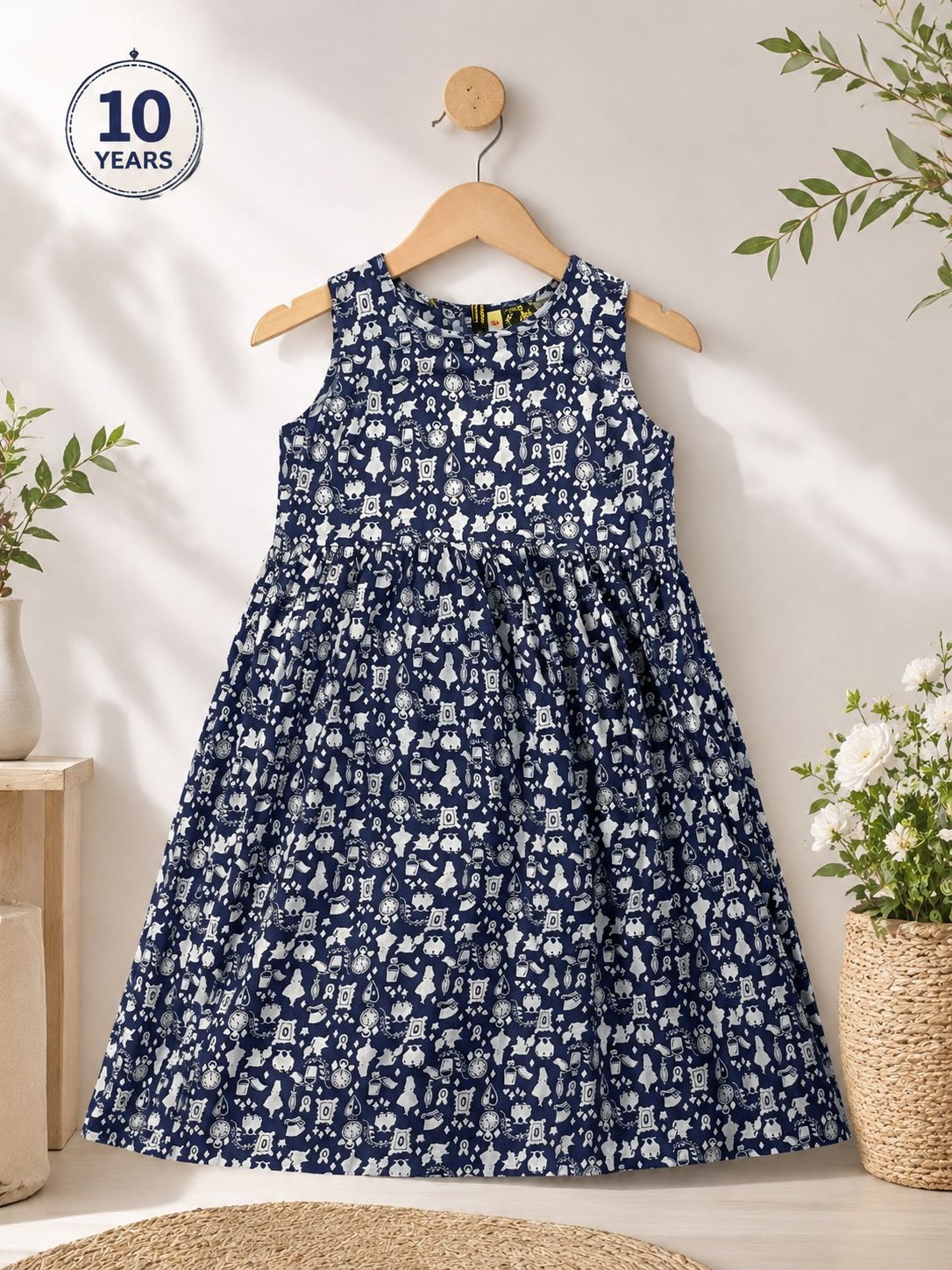 Navy Blue Round neckline  with White Novelty Print cotton frock