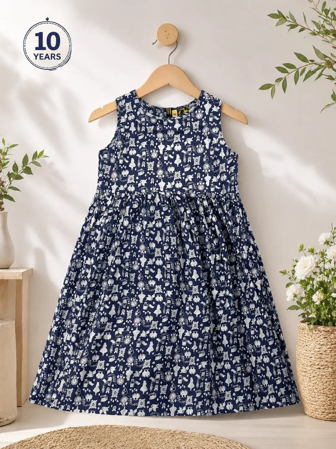 Navy Blue Round neckline  with White Novelty Print cotton frock
