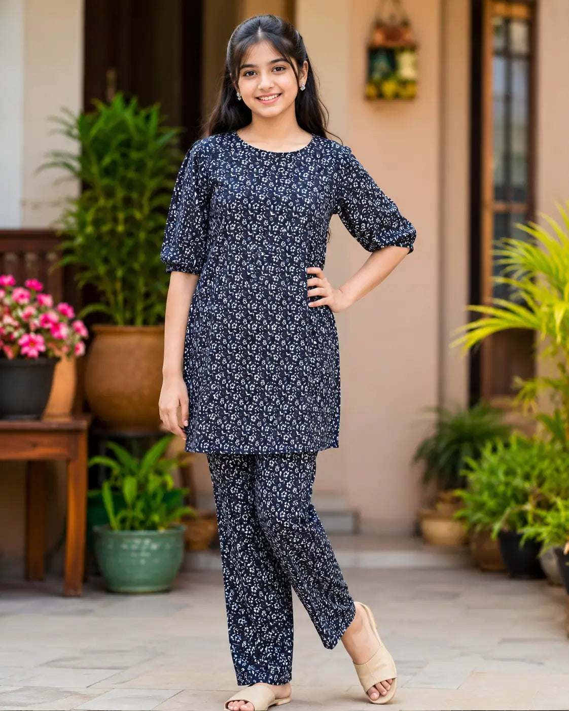 Girls Black Floral Printed Kurti & Palazzo Co-Ord Set