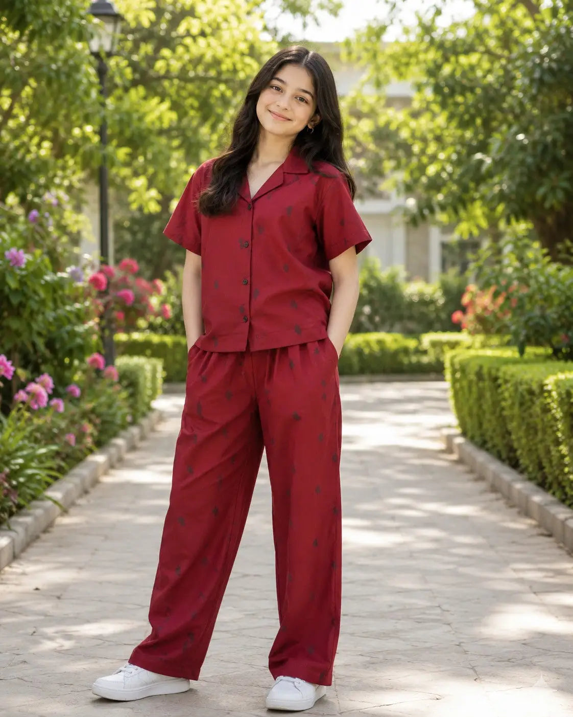 Boys Maroon Minimal Print Shirt & Pant  Set