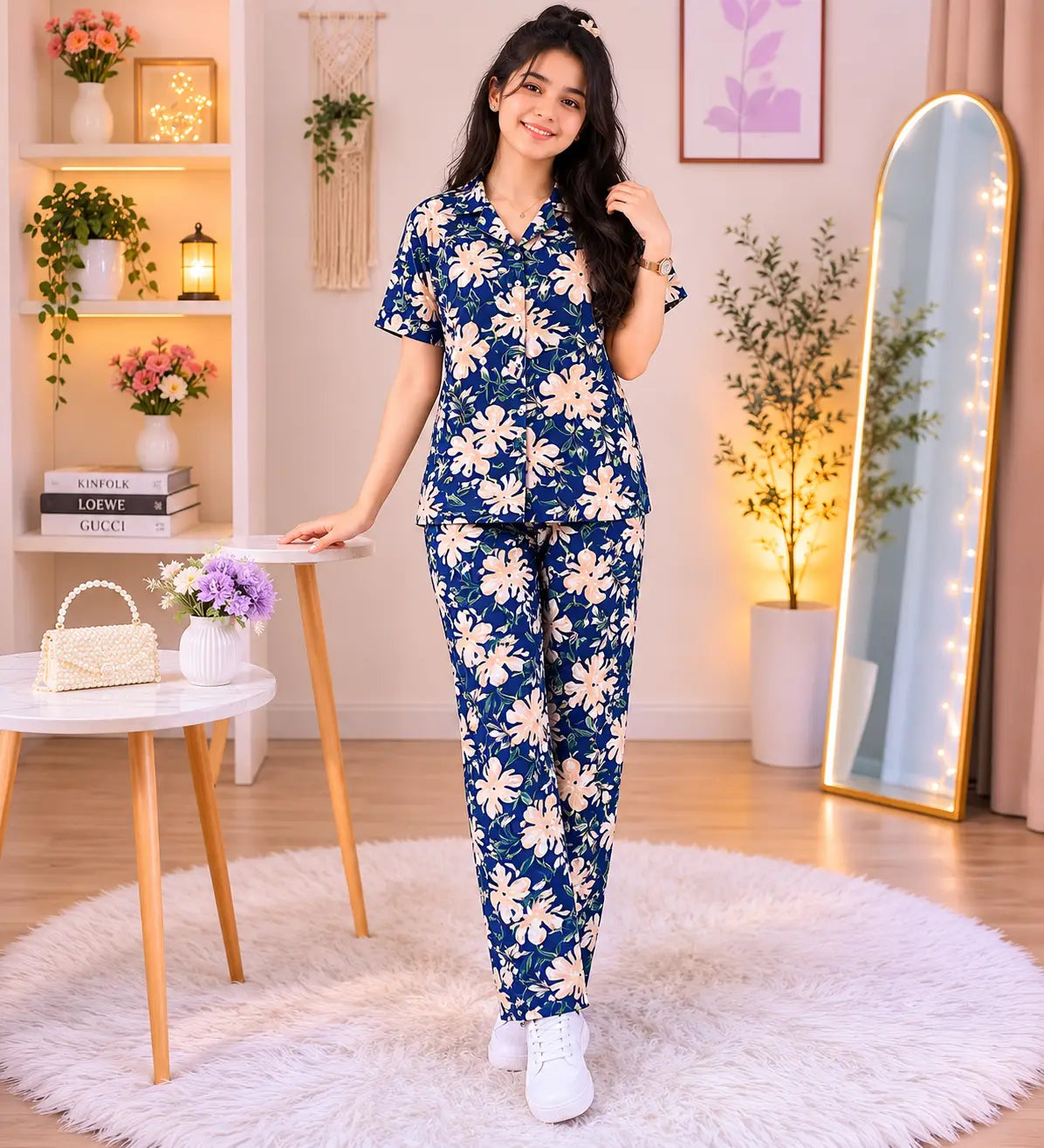 Kids Navy Blue Tropical Leaf Print Shirt & Pant  Set
