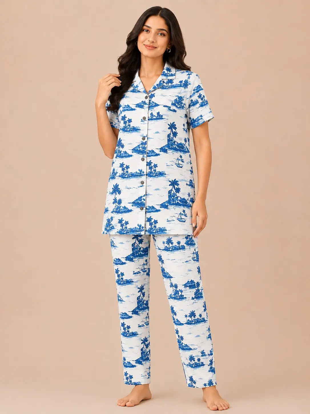 Girls White & Blue Tropical Island Printed Cotton  Set  kurthi & Pant