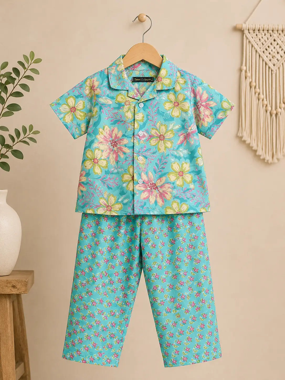Kids Mint Green Floral Printed Shirt with Matching Printed Pants  Set