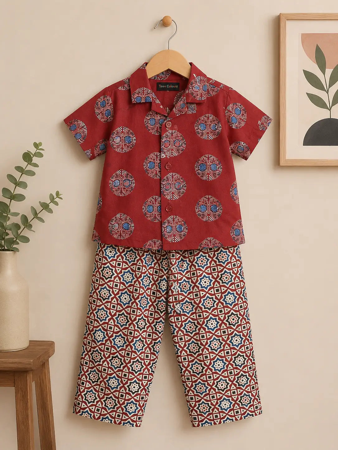 Kids Rust Red Ethnic Printed Shirt with Geometric Print Pants  Set