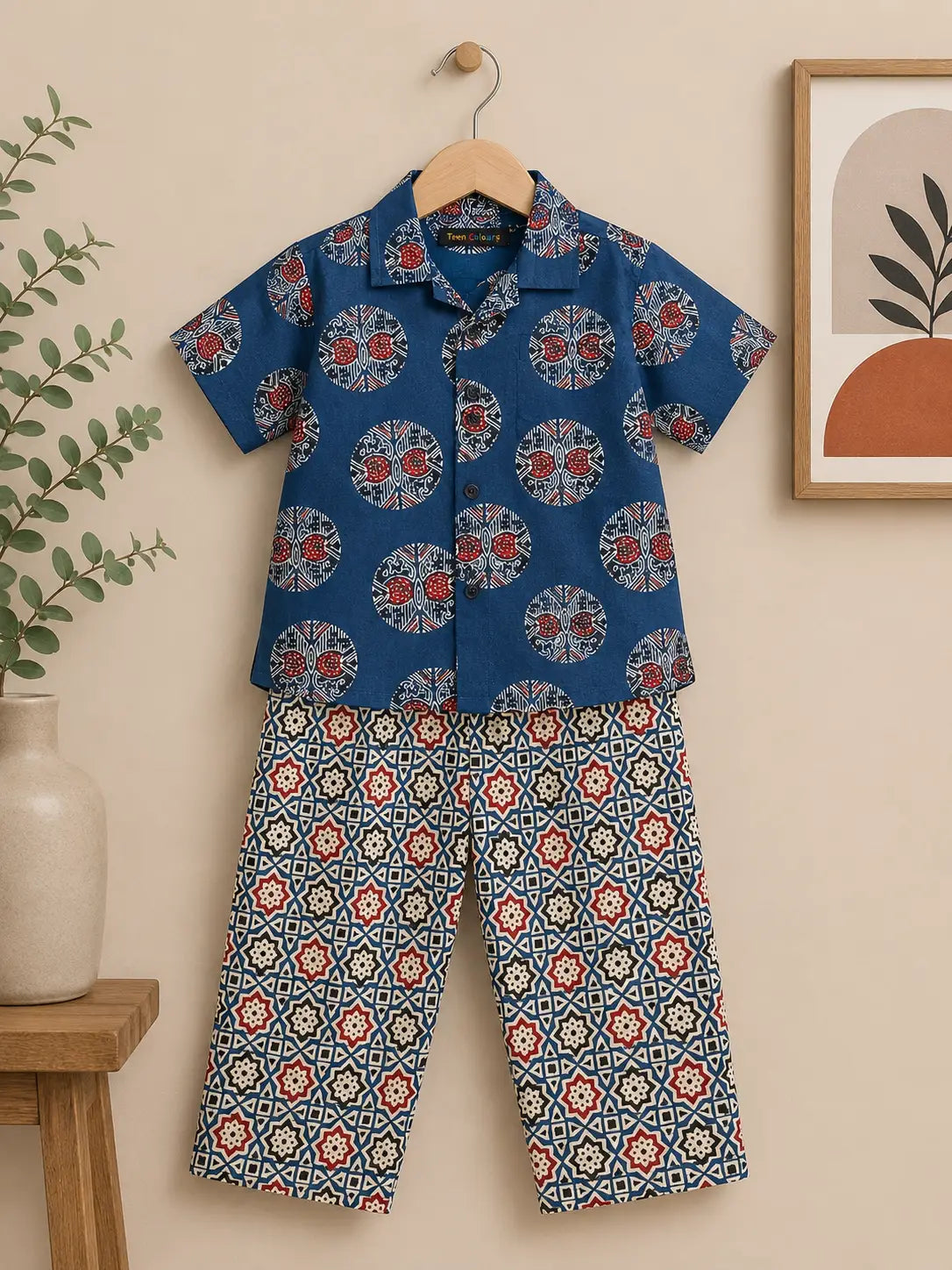 Kids Indigo Blue Ethnic Motif Printed Shirt with Geometric Print Pants  Set