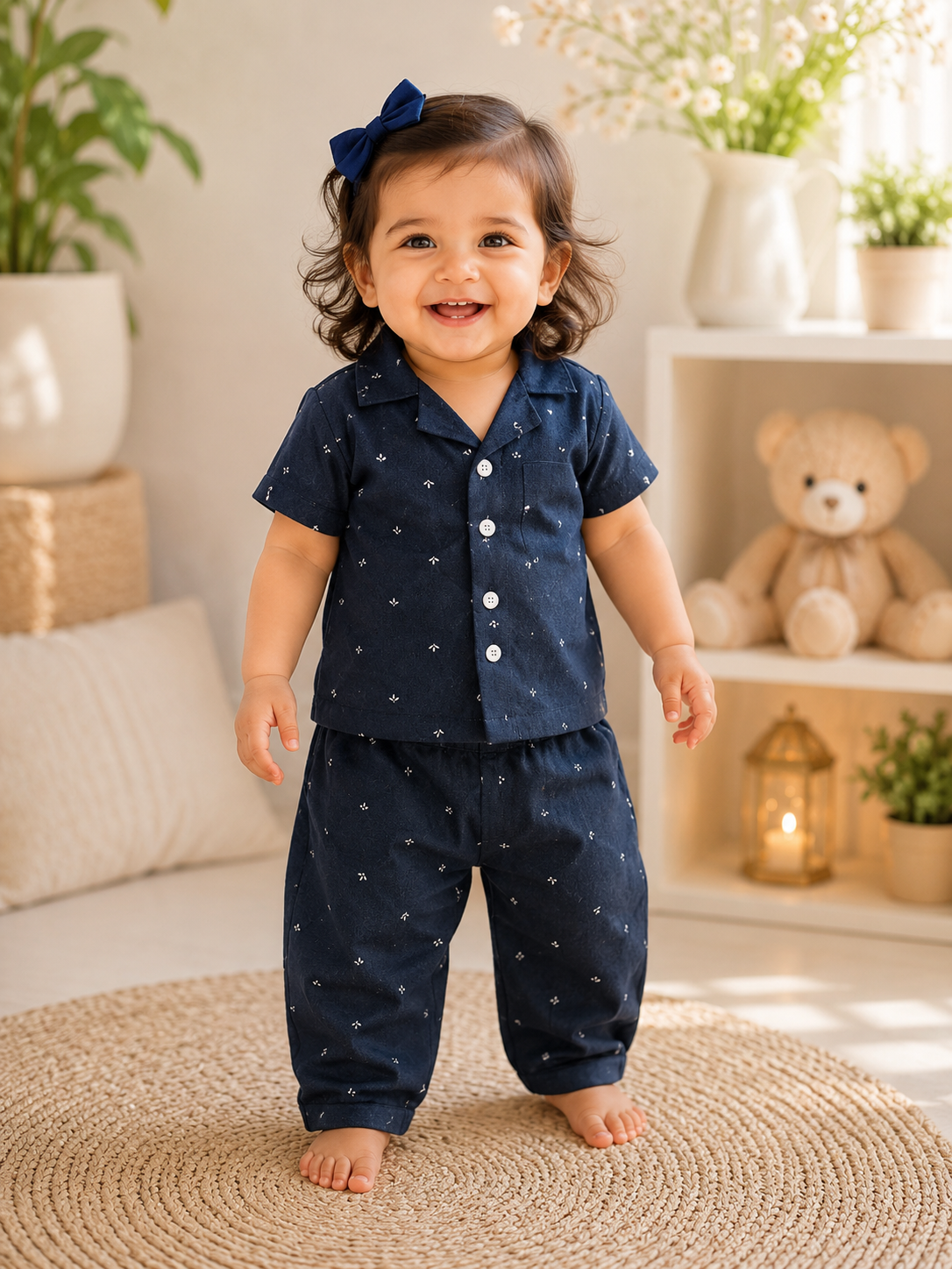 Kids Navy Blue Micro Print Shirt & Pant  Set