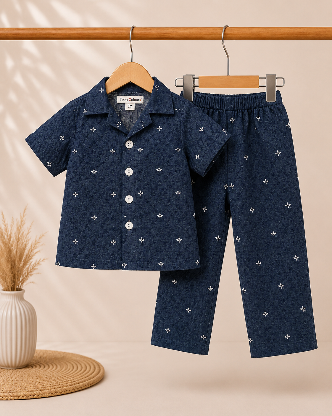 Kids Navy Blue Micro Print Shirt & Pant  Set