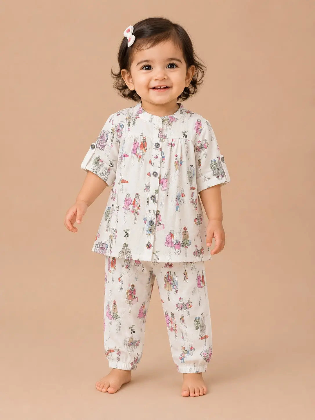 Girls Cream Fashion Illustration Printed Cotton  Set  Half Sleeve kurthi & Pant