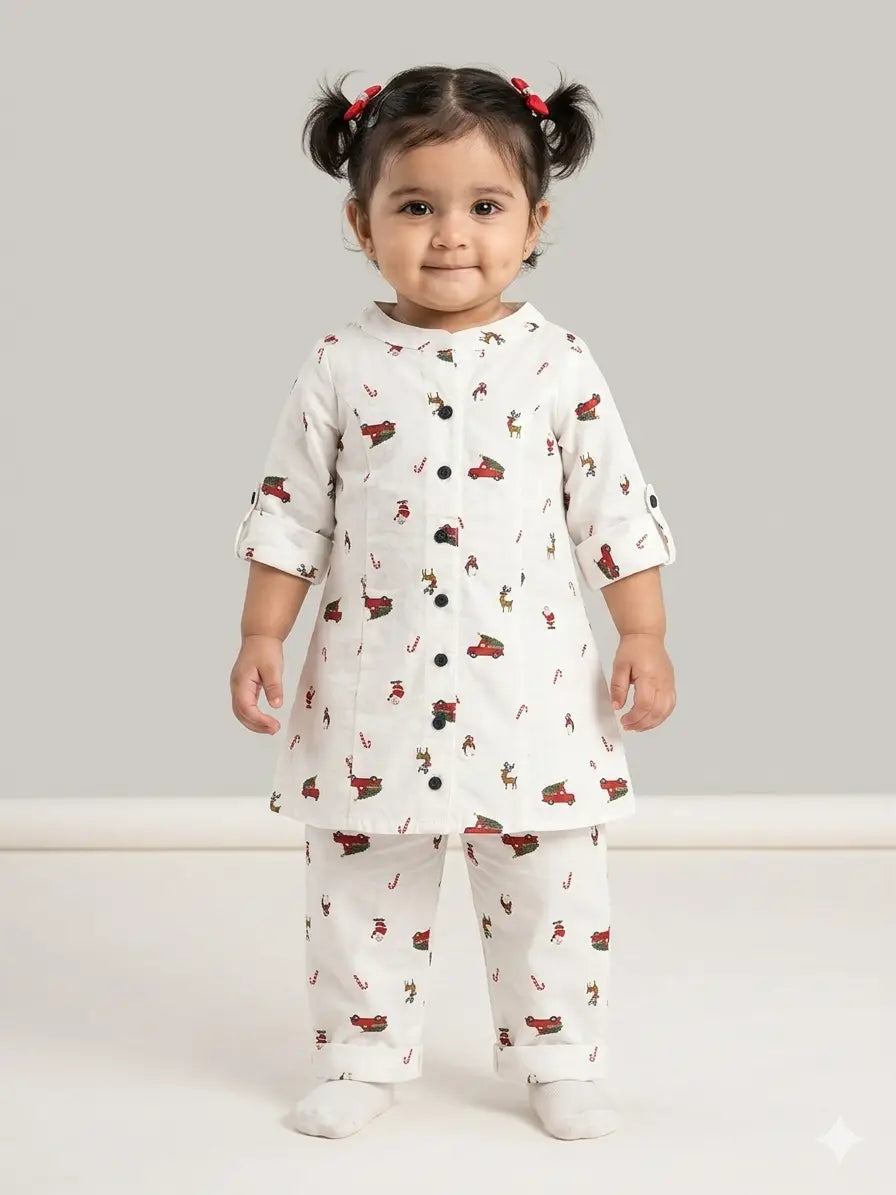 Girls Christmas Theme Printed  Set  Festive kurthi & Pant