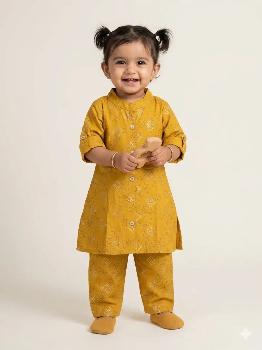 Girls Mustard Yellow Floral Printed  Set  kurthi & Pant
