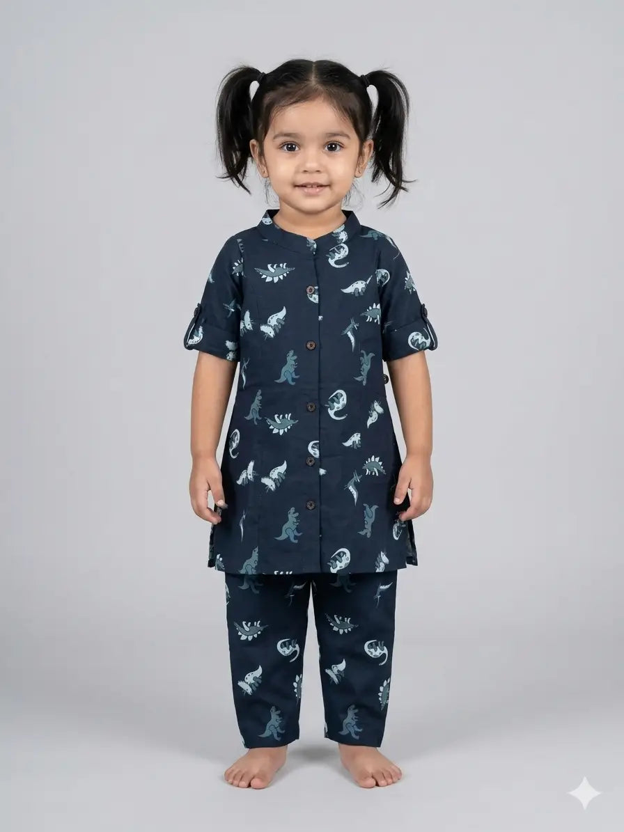 Girls Navy Blue Dinosaur Print  Set  kurthi & Pant