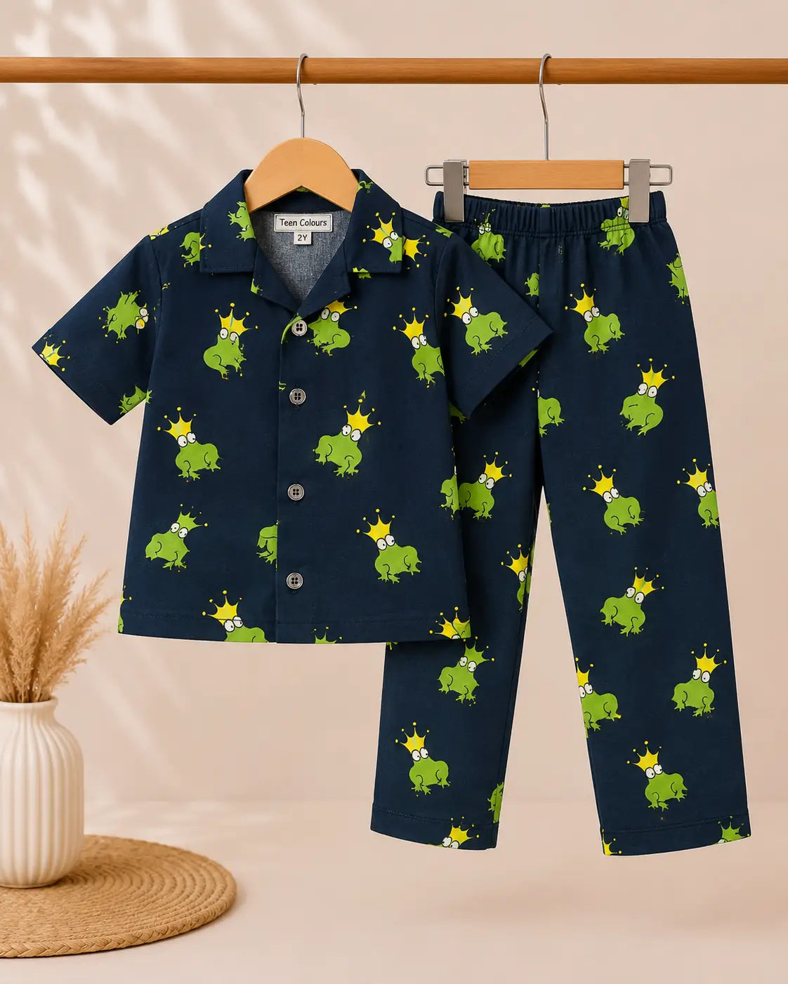 Kids Navy Blue Frog Print Shirt & Pant  Set