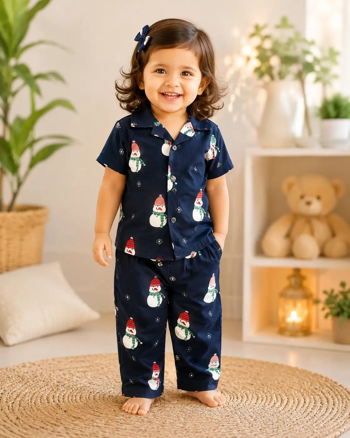 Kids Navy Blue Snowman Print Shirt & Pant  Set