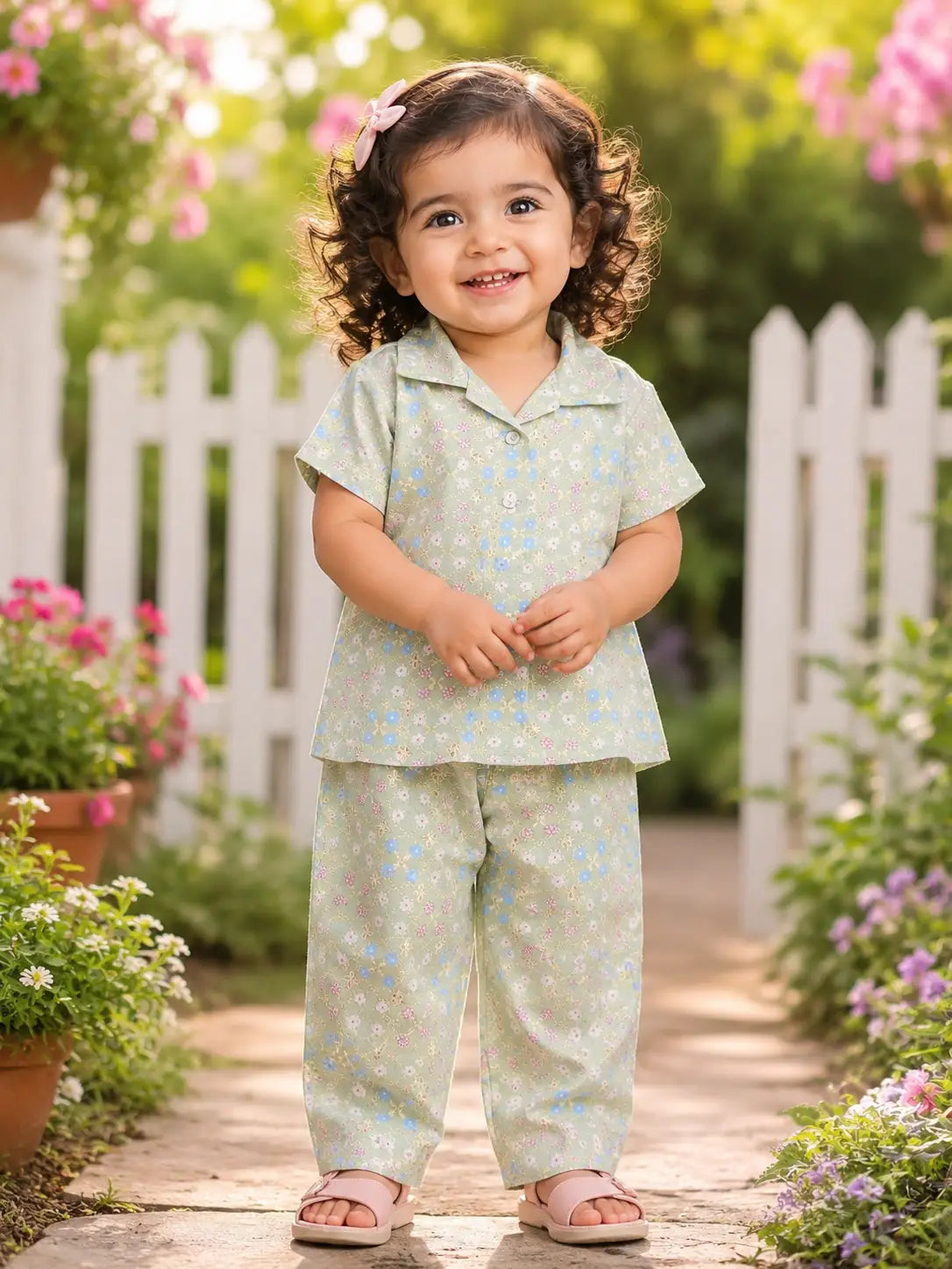 Kids Sage Green Floral Printed Shirt and Pant  Set
