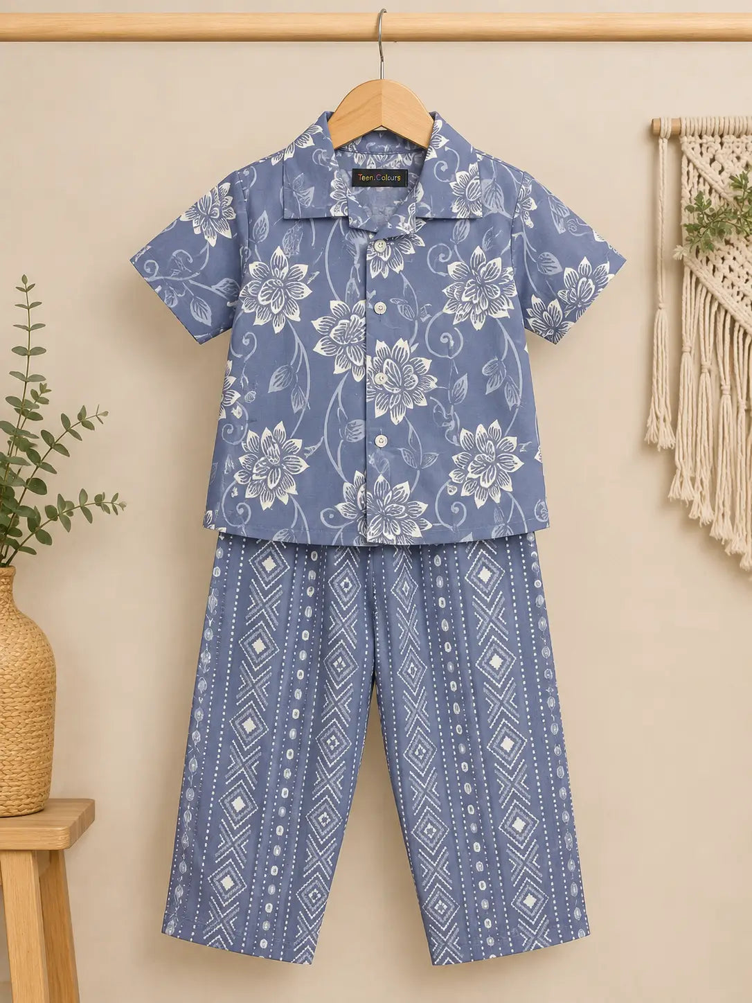 Kids Dusty Blue Floral Printed Shirt with Geometric Print Pants  Set