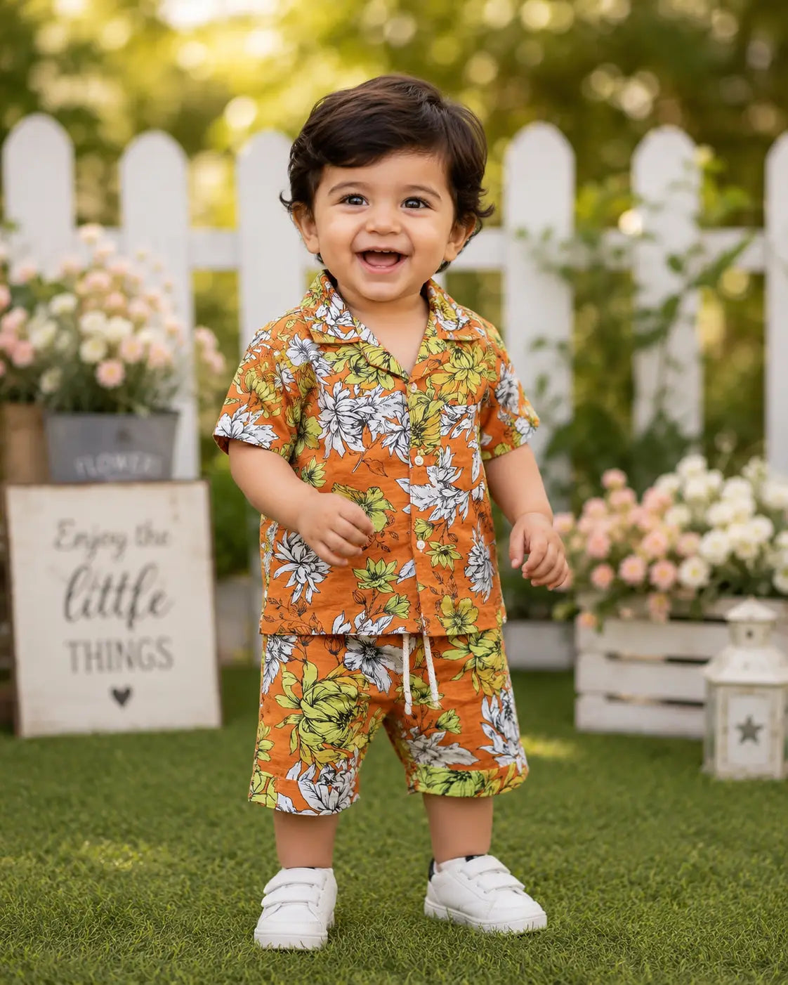Boys Rust Orange Tropical Floral Shirt & Shorts  Set