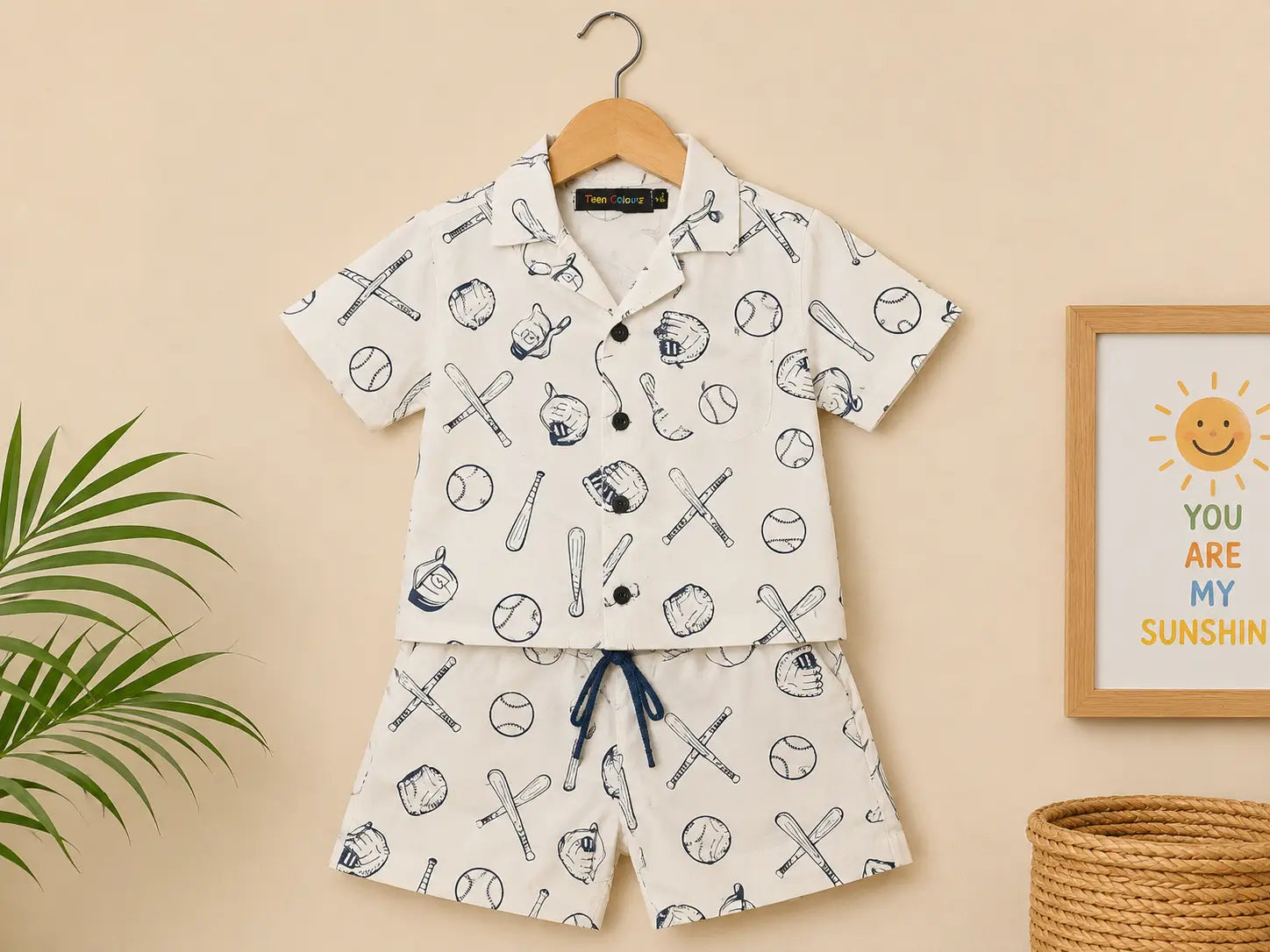 Boys Beige Baseball Print Half Sleeve Shirt & Shorts  Set