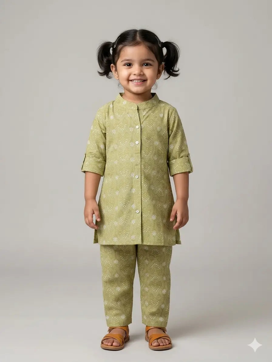 Girls Beige Paisley Printed Cotton  Set  half Sleeve kurthi & Pant