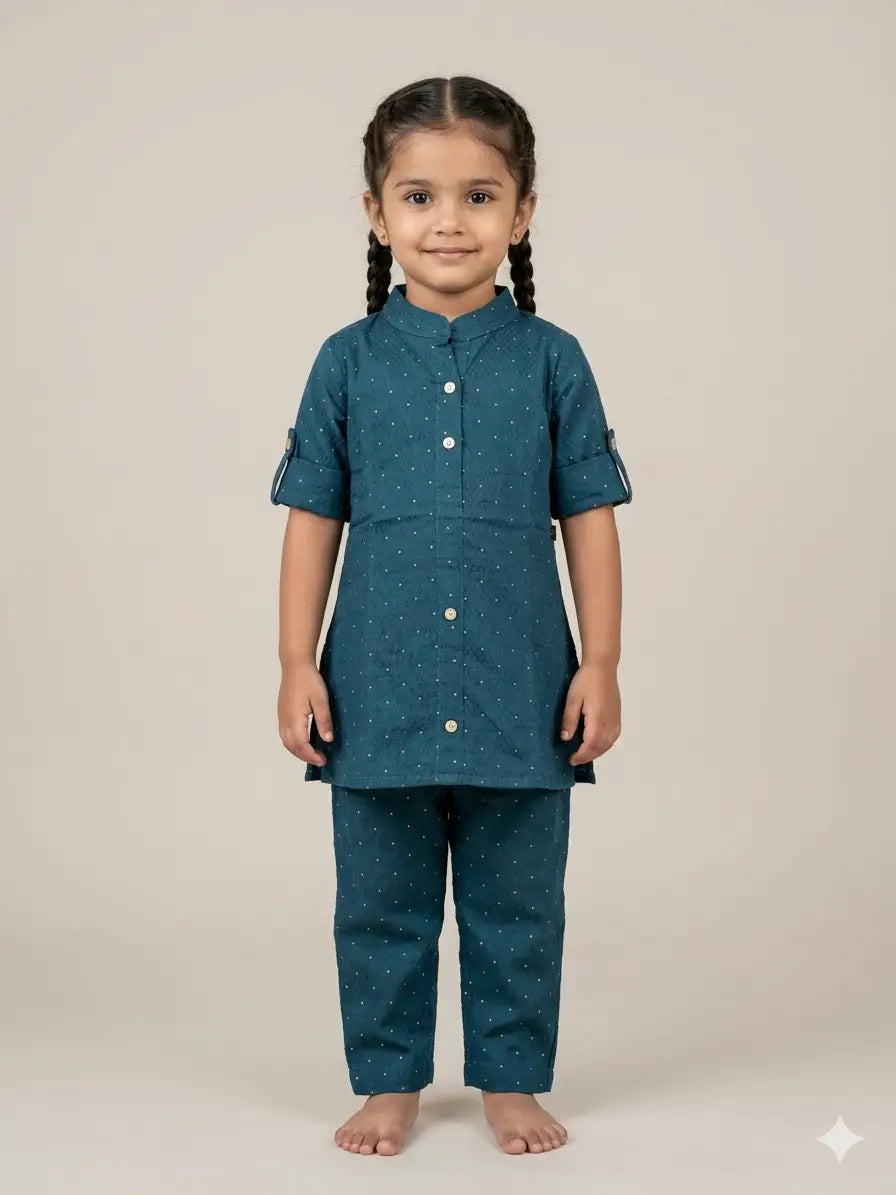 Girls Navy Blue Dobby Dot Cotton  Set  Kurthi & Pant