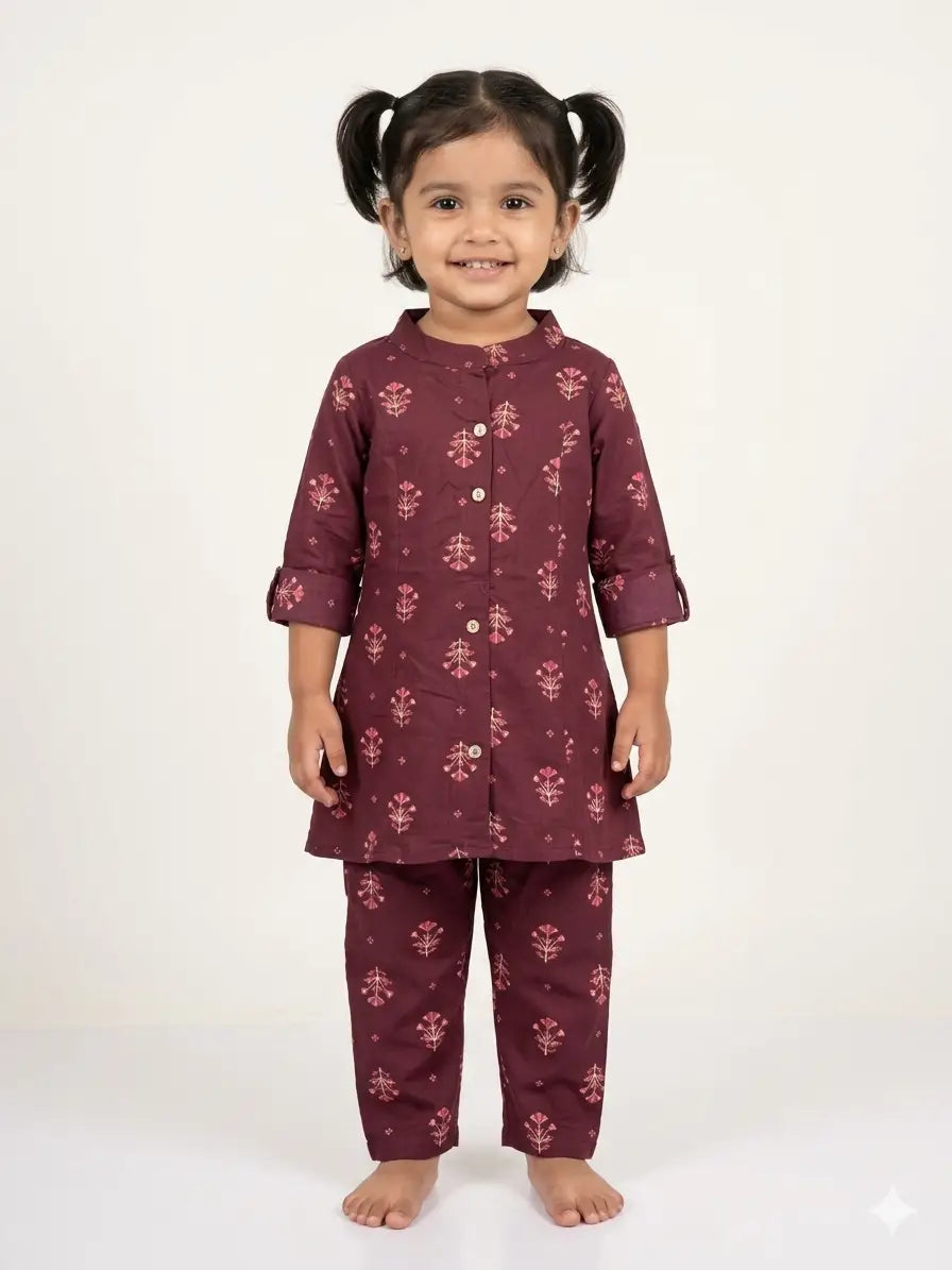 Girls  Maroon Floral Motif Printed Cotton  Set  kurthi & Pant