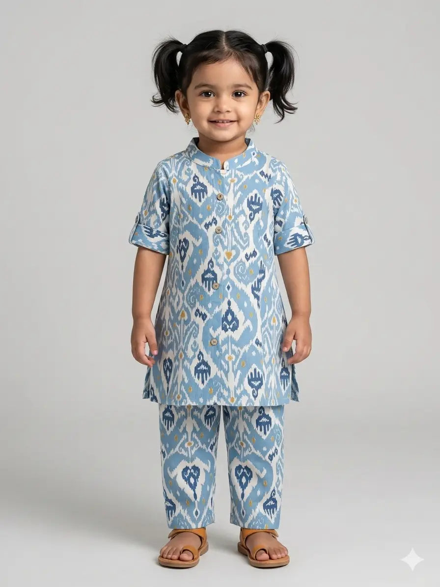 Girls Sky Blue Ikat Print  Set  kurthi & Pant