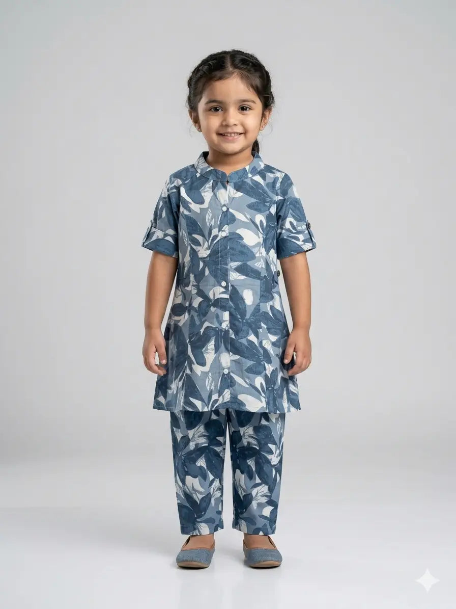 Girls Blue Blossom Floral  Set  kurthi & Pant
