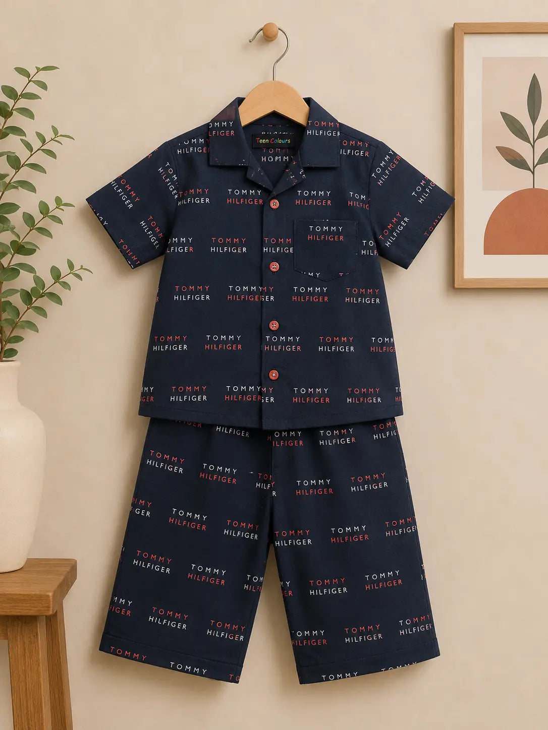 Kids Dark Navy Blue All-Over Typography Print Shirt & Shorts  Set