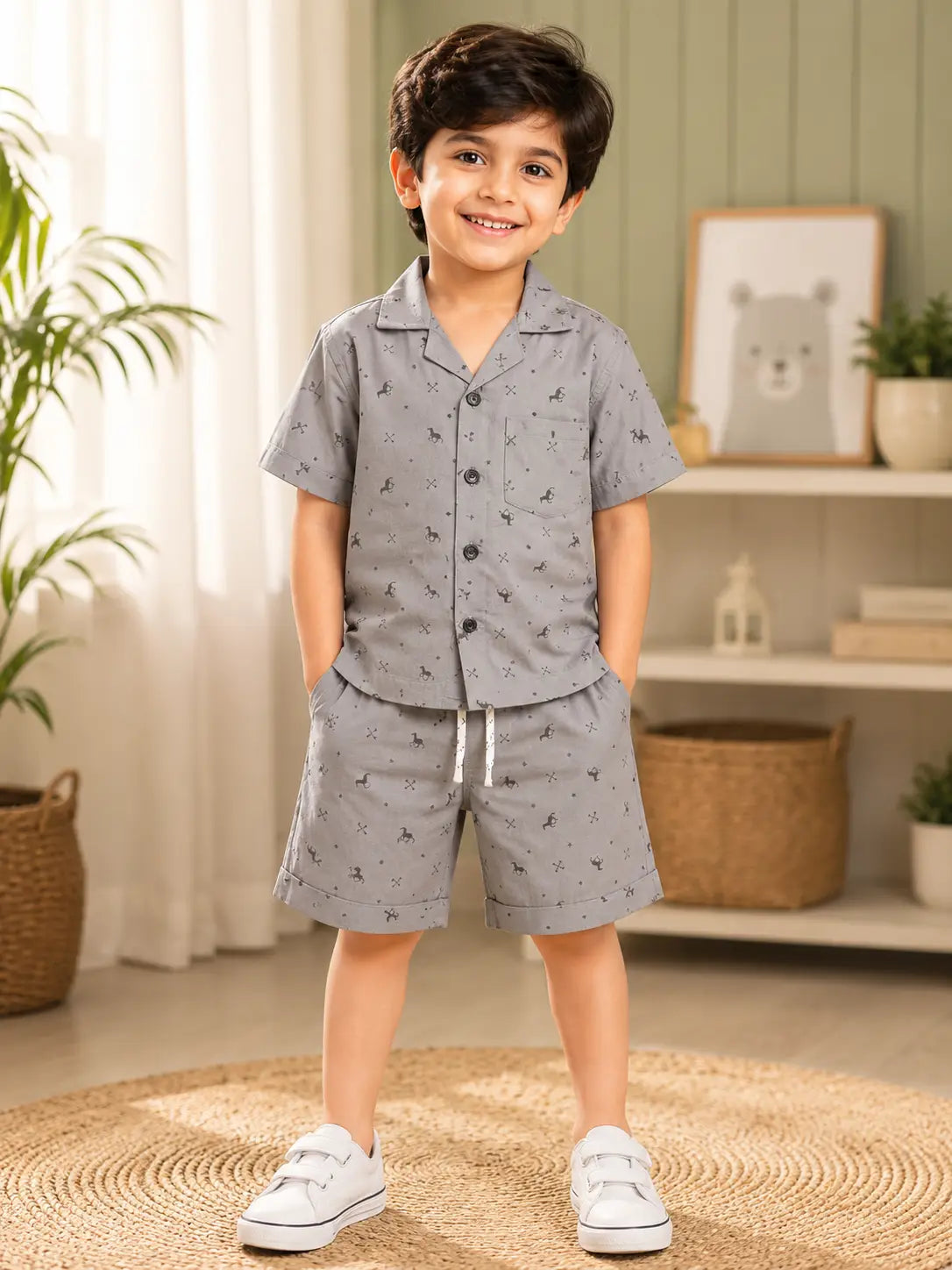 Kids Charcoal Grey Printed Shirt & Shorts  Set