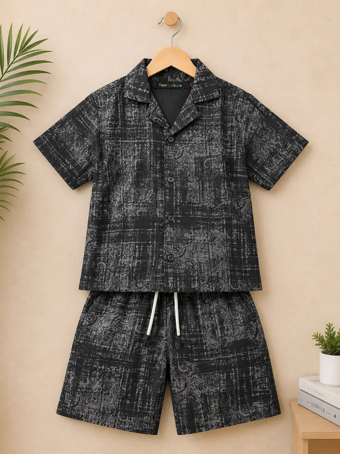 Kids Dark Navy Blue Paisley Print Shirt & Shorts  Set