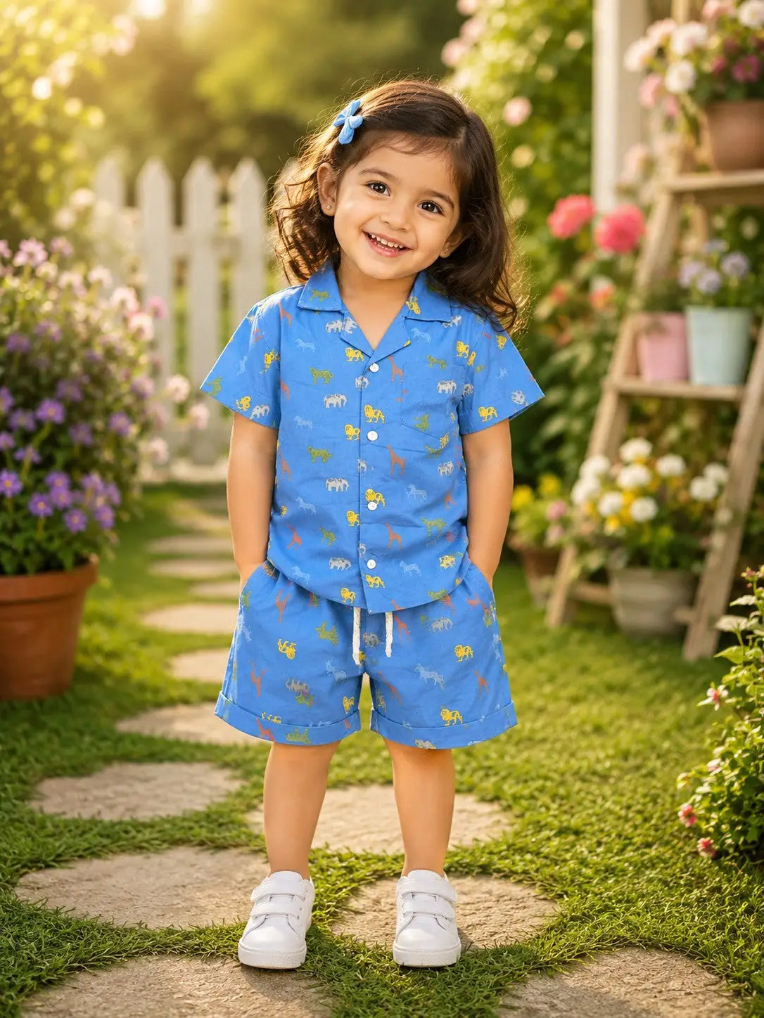 Boys Sky Blue Animal Print Half Sleeve Shirt & Shorts  Set