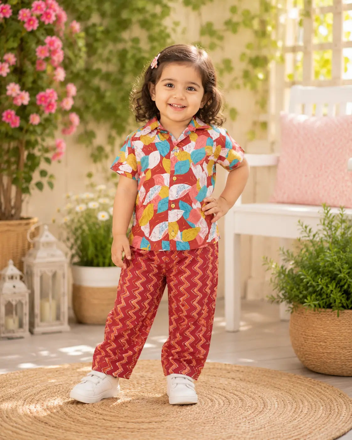 Kids Rust Red Leaf Printed Shirt & Chevron Pant  Set
