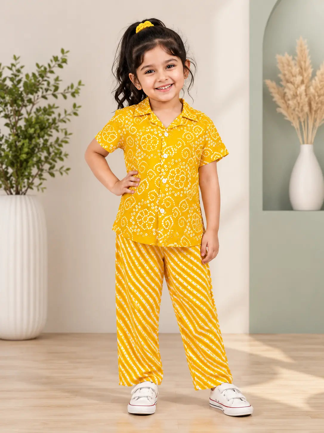 Kids Yellow Bandhani Print Shirt & Stripe Pant  Set