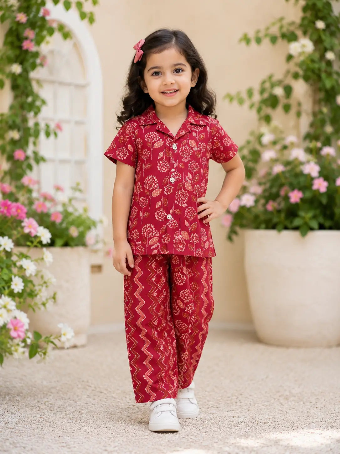 Kids Maroon Floral Printed Shirt & Pant  Set