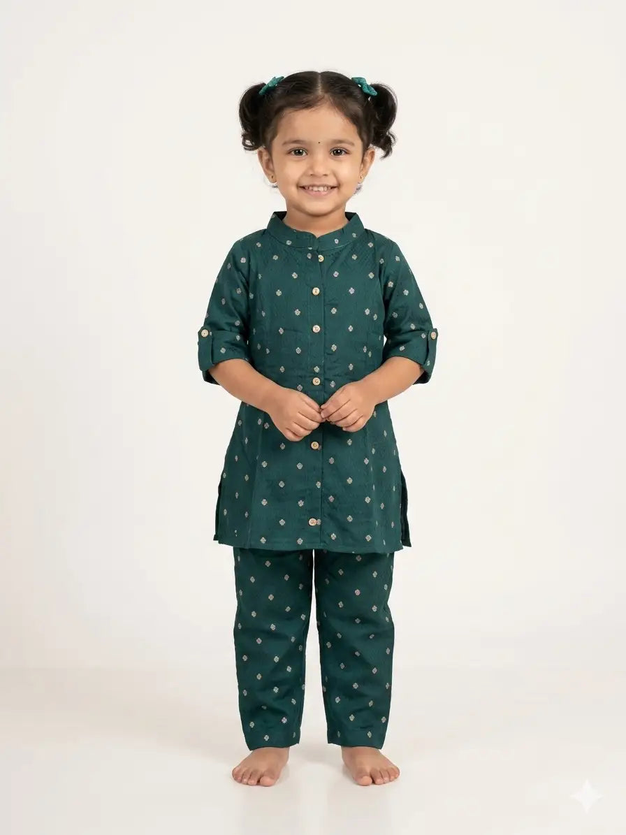 Girls Teal Blue Dobby Printed Cotton  Set  kurthi & Pant