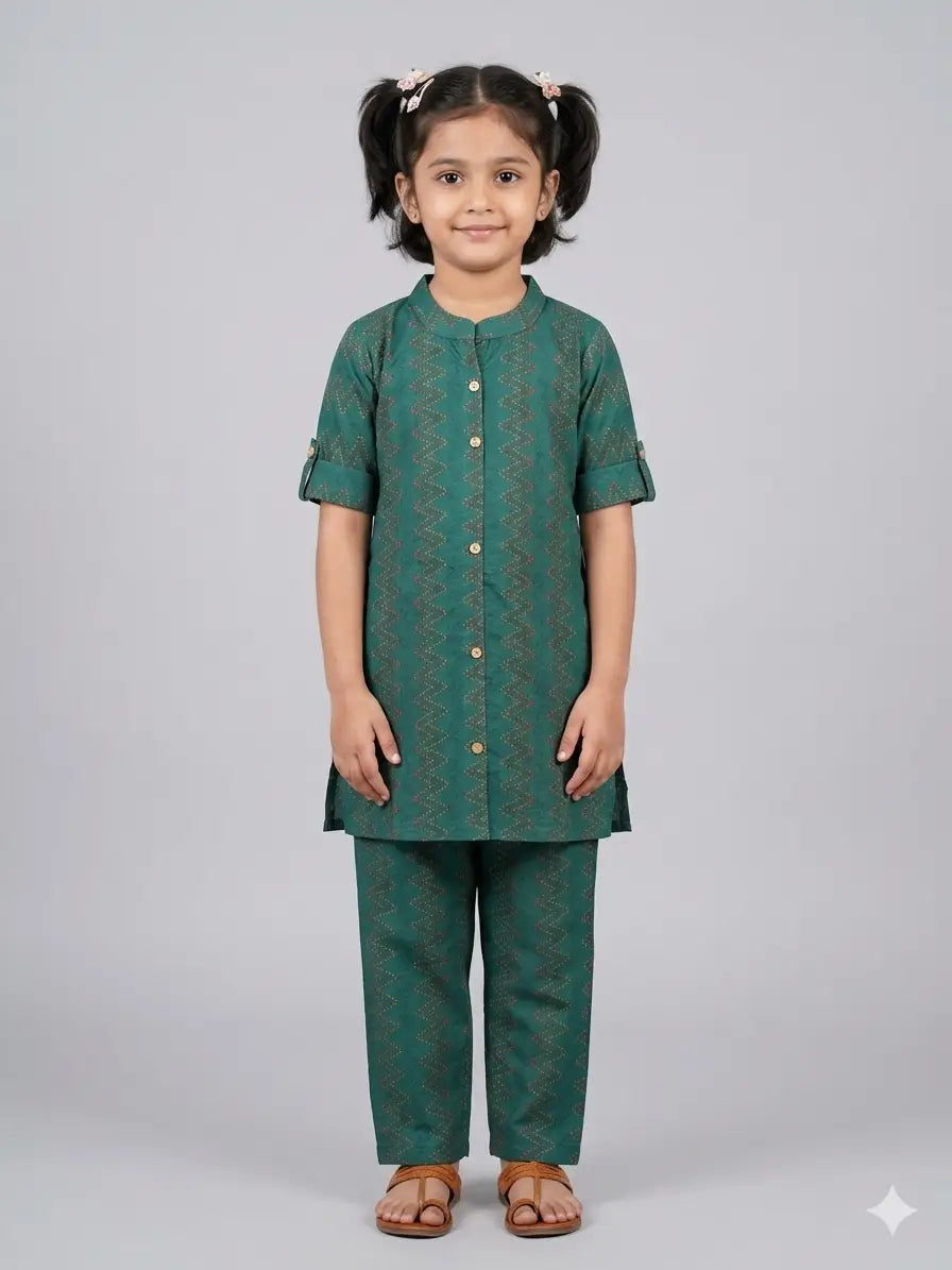 Girls Teal Green Zigzag Printed Cotton  Set  kurthi & Pant