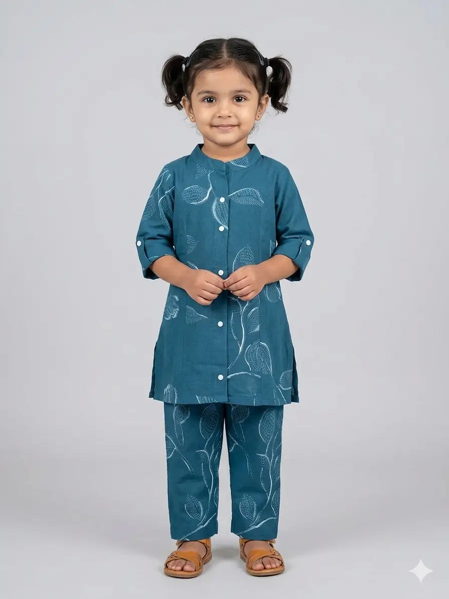 Girls Steel Blue Leaf Printed Cotton  Set  kurthi & Pant
