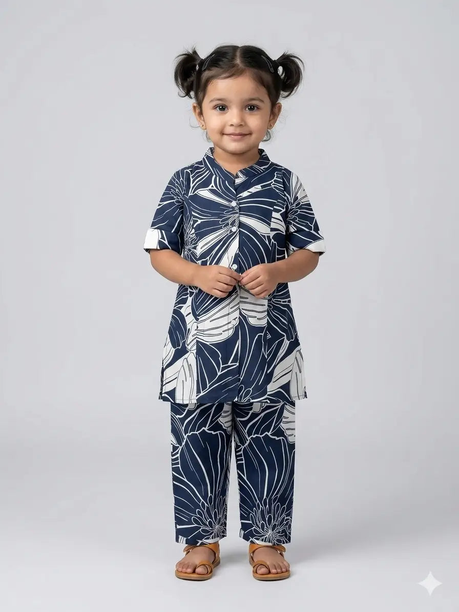 Girls Navy Blue Tropical Floral  Set  kurthi & Pant