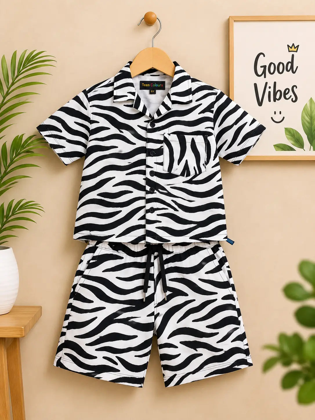 Kids Dark Navy Blue & White Zebra Print Shirt and Flared Pants  Set