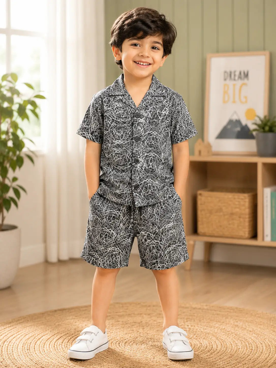 Kids Dark Navy Blue Abstract Print Shirt & Shorts  Set