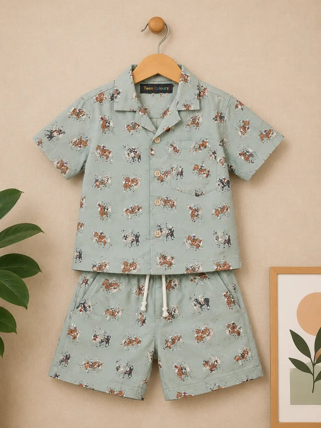 Boys Sage Green Printed Half Sleeve Shirt & Shorts  Set