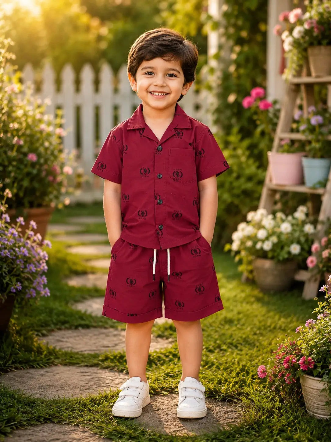 Boys Maroon Printed Half Sleeve Shirt & Shorts  Set