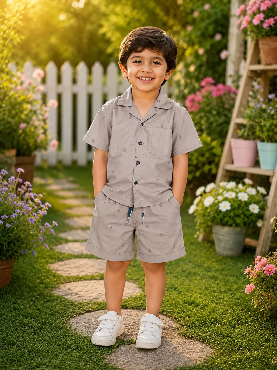 Boys Taupe Brown Printed Half Sleeve Shirt & Shorts  Set
