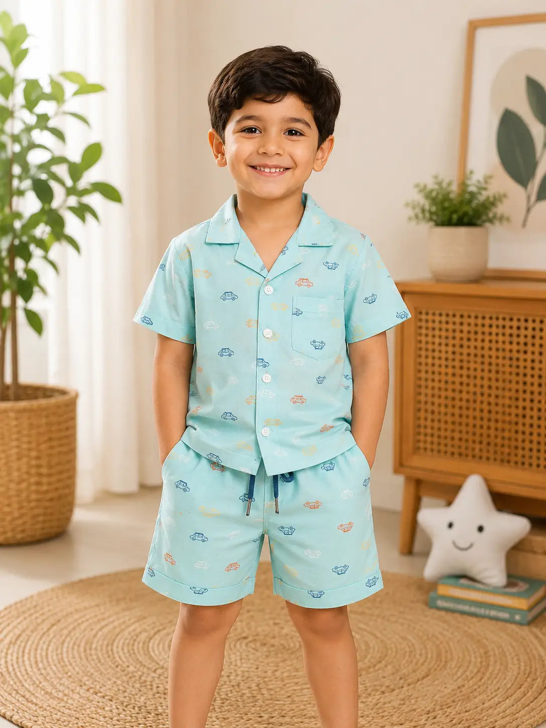 Boys Mint Green Car Print Half Sleeve Shirt & Short  Set