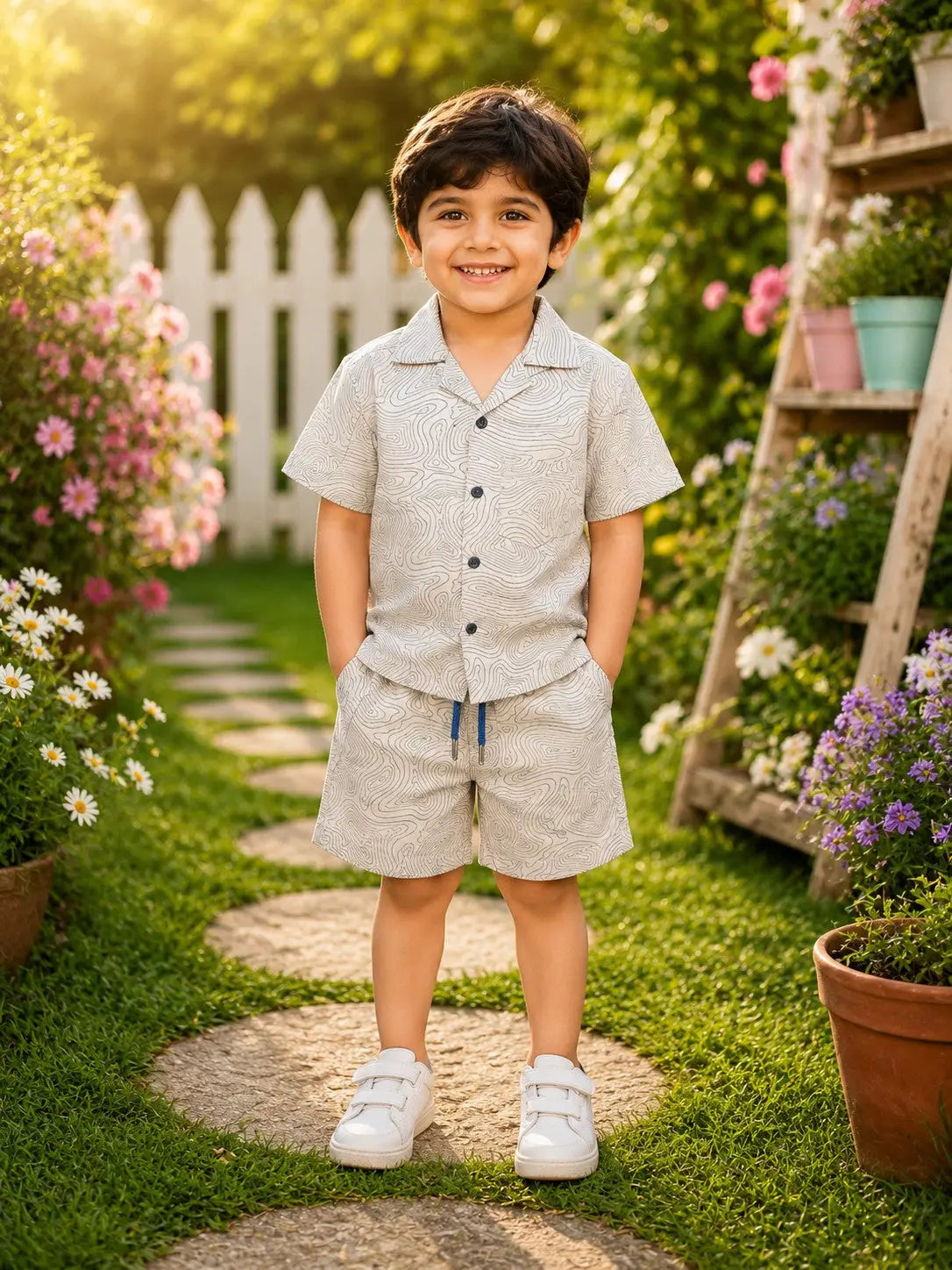 Boys Beige Abstract Print Half Sleeve Shirt & Short  Set