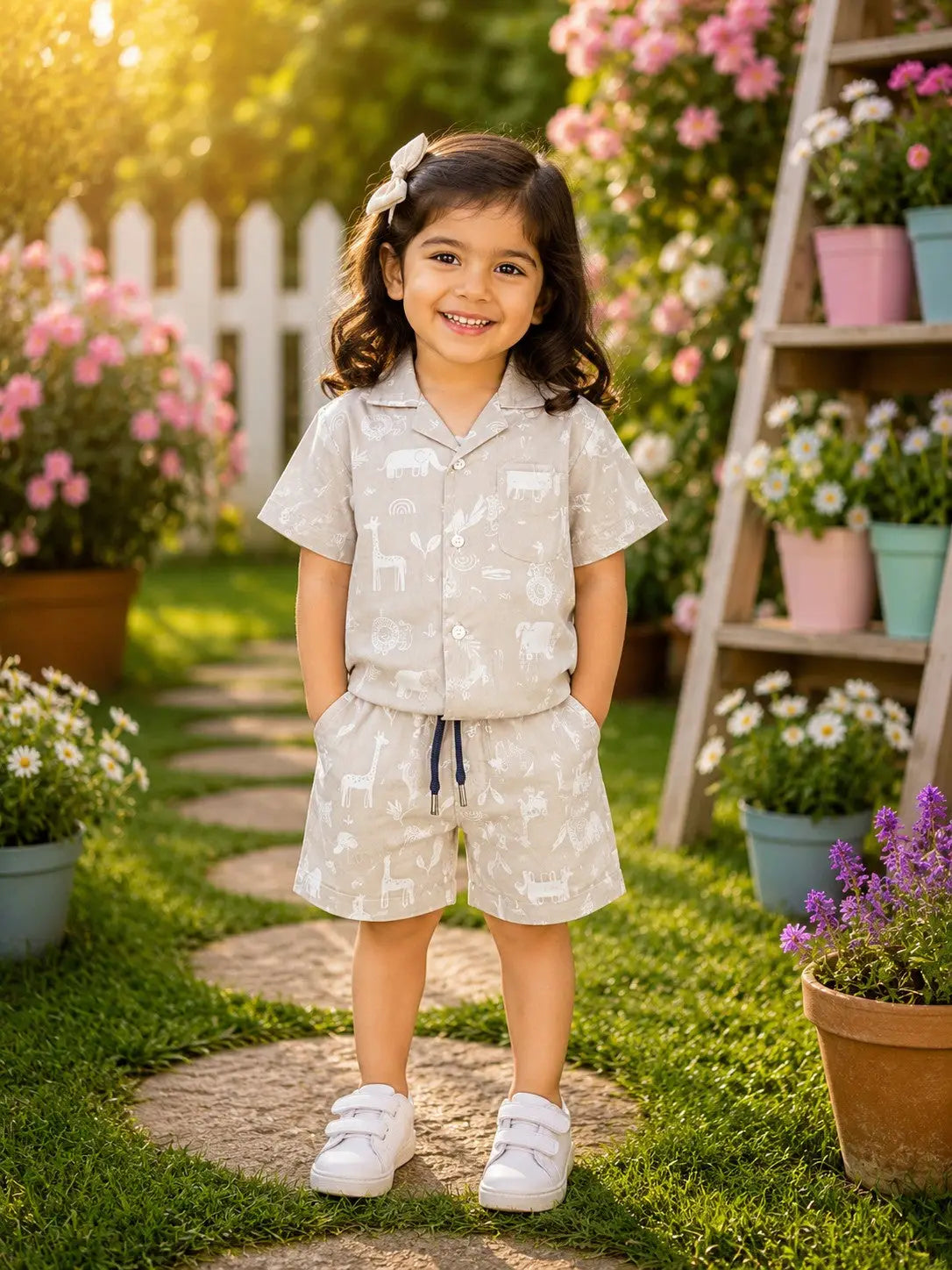 Boys Safari Animal Print Half Sleeve Shirt & Shorts  Set