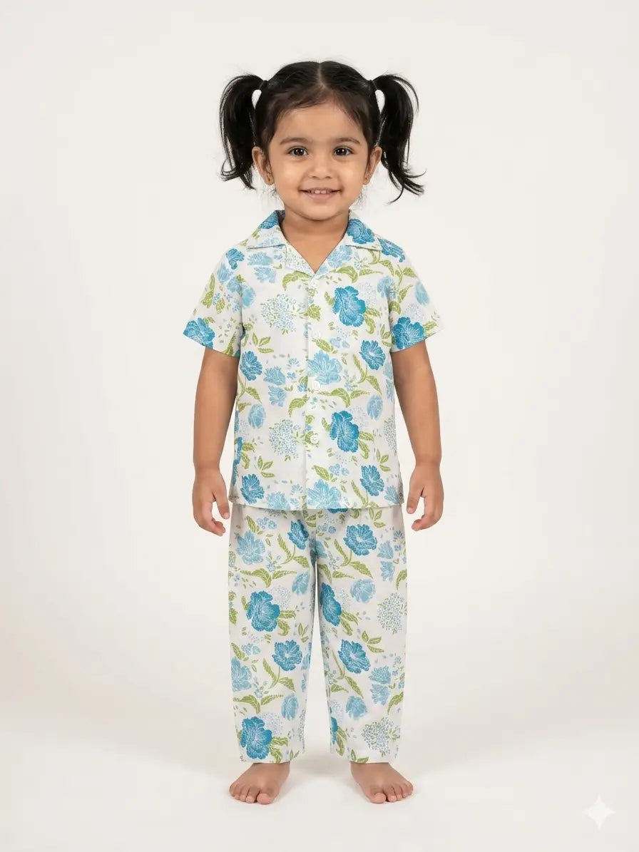 Kids White Blue Floral Printed Shirt & Pant  Set